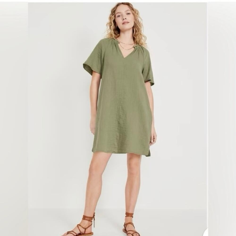 Old Navy XXL Olive Green Cotton Gauze Swing Midi Dress Boho Peasant Tunic